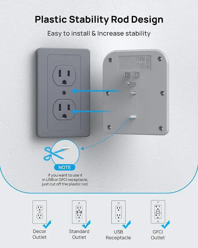 Alt view image 6 of 7 - TROND Surge Protector 8 Outlet Extender - Multi Plug Wall Outlet with 3 USB | Widely Spaced Power Strip with ON/Off Switch, 1440 Joules, USB Wall Charger for Home Bathroom Kitchen Dorm