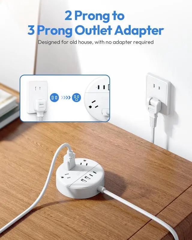 Alt view image 3 of 7 - 2 Prong Power Strip, NTONPOWER 10 FT Extension Cord, 2 Prong to 3 Prong Outlet Adapter, 180°Non-Polarized, 3 Outlets 4 USB (2 USB C), Wall Mount for Old House Non-Grounded Outlets,White