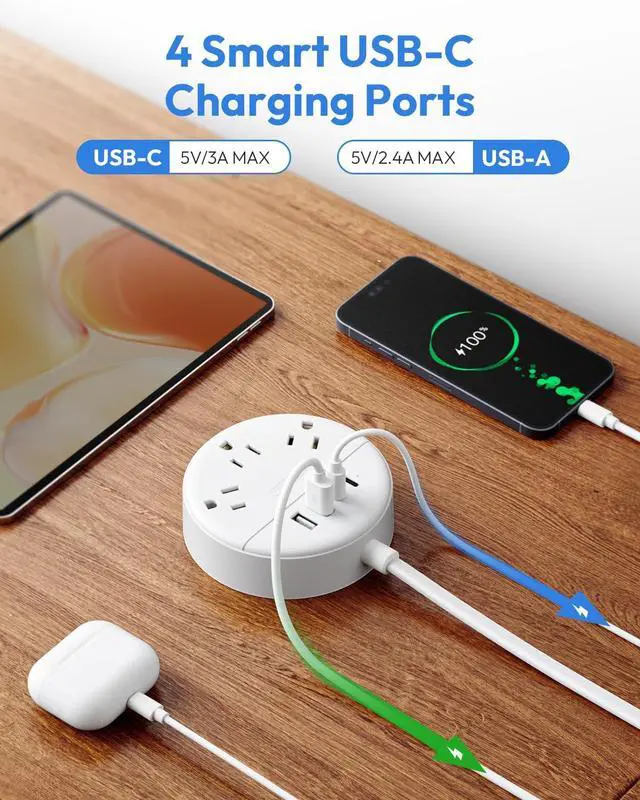 Alt view image 4 of 7 - 2 Prong Power Strip, NTONPOWER 10 FT Extension Cord, 2 Prong to 3 Prong Outlet Adapter, 180°Non-Polarized, 3 Outlets 4 USB (2 USB C), Wall Mount for Old House Non-Grounded Outlets,White