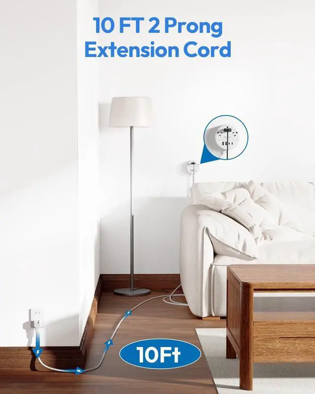 Alt view image 2 of 7 - 2 Prong Power Strip, NTONPOWER 10 FT Extension Cord, 2 Prong to 3 Prong Outlet Adapter, 180°Non-Polarized, 3 Outlets 4 USB (2 USB C), Wall Mount for Old House Non-Grounded Outlets,White