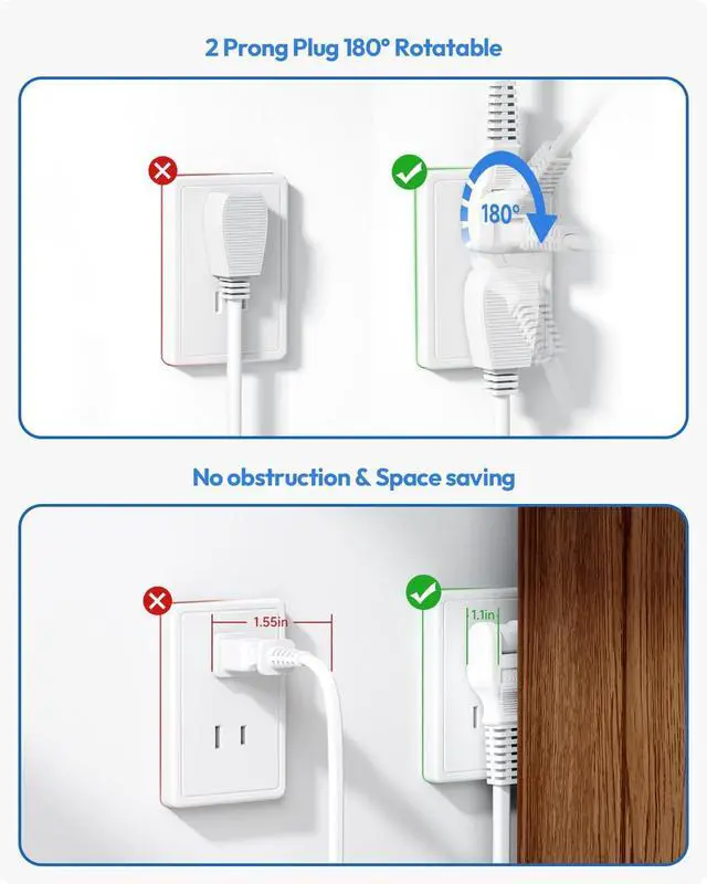 Alt view image 5 of 7 - 2 Prong Power Strip, NTONPOWER 10 FT Extension Cord, 2 Prong to 3 Prong Outlet Adapter, 180°Non-Polarized, 3 Outlets 4 USB (2 USB C), Wall Mount for Old House Non-Grounded Outlets,White