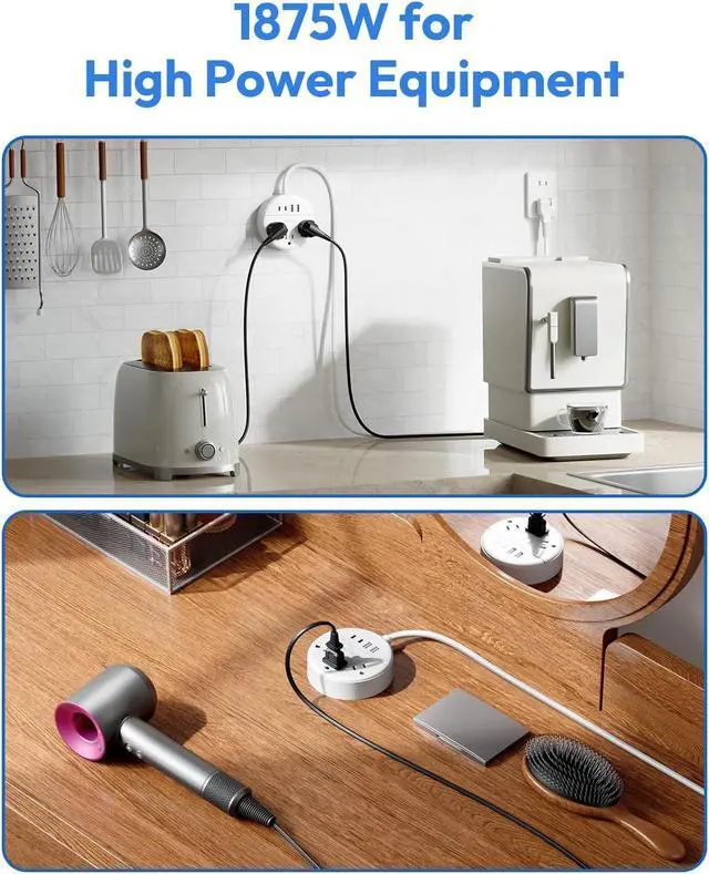 Alt view image 6 of 7 - 2 Prong Power Strip, NTONPOWER 10 FT Extension Cord, 2 Prong to 3 Prong Outlet Adapter, 180°Non-Polarized, 3 Outlets 4 USB (2 USB C), Wall Mount for Old House Non-Grounded Outlets,White