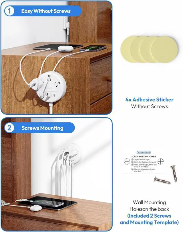 Alt view image 7 of 7 - 2 Prong Power Strip, NTONPOWER 10 FT Extension Cord, 2 Prong to 3 Prong Outlet Adapter, 180°Non-Polarized, 3 Outlets 4 USB (2 USB C), Wall Mount for Old House Non-Grounded Outlets,White