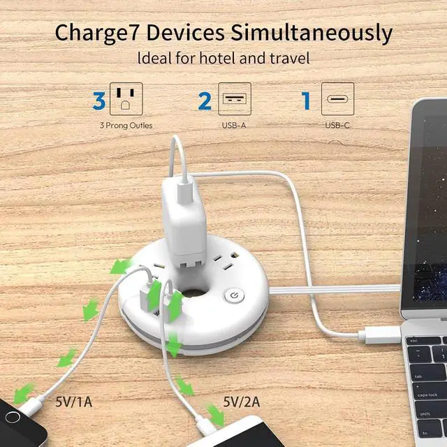Alt view image 3 of 7 - Travel Power Strip, NTONPOWER 3 Outlets 3 USB(1 USB C) Cruise Approved Power Strip, Short Extension Cord 3ft, Travel Essentials for Home, Hotels, Cruise Ship, Vacation, White, i-Donut