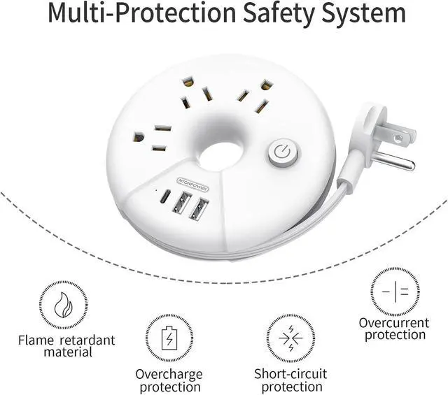 Alt view image 7 of 7 - Travel Power Strip, NTONPOWER 3 Outlets 3 USB(1 USB C) Cruise Approved Power Strip, Short Extension Cord 3ft, Travel Essentials for Home, Hotels, Cruise Ship, Vacation, White, i-Donut