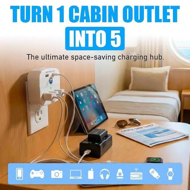 Alt view image 2 of 7 - Cruise Approved Power Strip - Non Surge Protector for Cruise Ship with 2 USB Outlets - Cruise Ship Essentials 2026 for Carnival, Princess, Norwegian, Holland America, MSC & Major Cruise Lines (White)