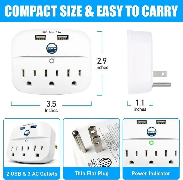 Alt view image 5 of 7 - Cruise Approved Power Strip - Non Surge Protector for Cruise Ship with 2 USB Outlets - Cruise Ship Essentials 2026 for Carnival, Princess, Norwegian, Holland America, MSC & Major Cruise Lines (White)