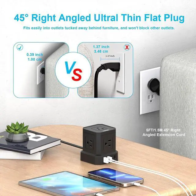 Alt view image 4 of 7 - Power Strip with USB, USB C (3.0A) Power Strip with 5 Outlets, 2 USB-C & 2 USB-A, 5 FT Flat Extension Cord with Ultra Thin Flat Plug, Surge Protector Compact for Home Office, Dorm, Hotel Travel