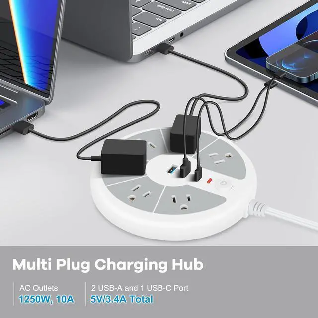 Alt view image 2 of 7 - Ultra-Thin Cord Power Strip Fast USB C - 6-Outlet Power Strip Surge Protector with 3 USB Ports - Compact Charging Station Plug Extender for Desk, Office, Computer, Charger, Electronic Accessories