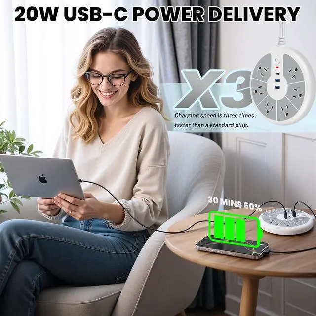 Alt view image 4 of 7 - Ultra-Thin Cord Power Strip Fast USB C - 6-Outlet Power Strip Surge Protector with 3 USB Ports - Compact Charging Station Plug Extender for Desk, Office, Computer, Charger, Electronic Accessories