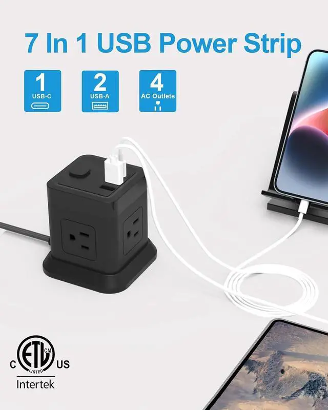 Alt view image 2 of 7 - FDTEK USB C Power Strip PD 20W, 4 Outlets 3 USB 10 FT Extension Cord Black | PD 20W USB C Fast Charging 10ft Flat Plug Extension Cord Overload Protection Must Have for Dorm & Office ETL Listed
