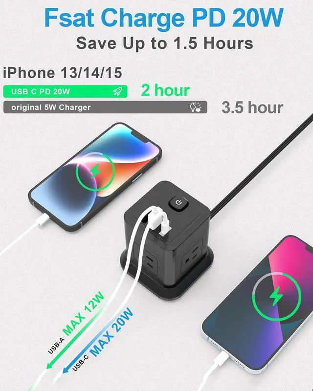 Alt view image 3 of 7 - FDTEK USB C Power Strip PD 20W, 4 Outlets 3 USB 10 FT Extension Cord Black | PD 20W USB C Fast Charging 10ft Flat Plug Extension Cord Overload Protection Must Have for Dorm & Office ETL Listed