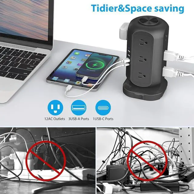 Alt view image 3 of 7 - Long Extension Cord 15 ft Power Strip Tower, Power Strip 12 AC Outlets 4 USB(1 USB C) Ports, Charging Tower Overload Protection with Multiple Outlets for Home Office