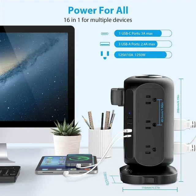 Alt view image 4 of 7 - Long Extension Cord 15 ft Power Strip Tower, Power Strip 12 AC Outlets 4 USB(1 USB C) Ports, Charging Tower Overload Protection with Multiple Outlets for Home Office