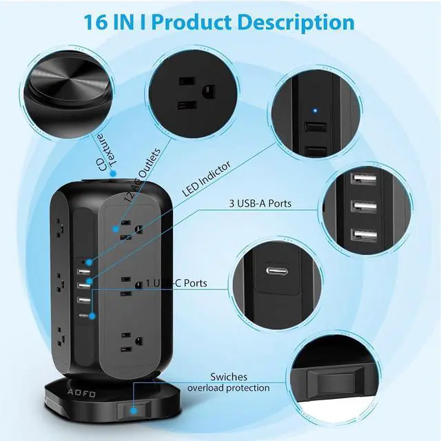 Alt view image 5 of 7 - Long Extension Cord 15 ft Power Strip Tower, Power Strip 12 AC Outlets 4 USB(1 USB C) Ports, Charging Tower Overload Protection with Multiple Outlets for Home Office