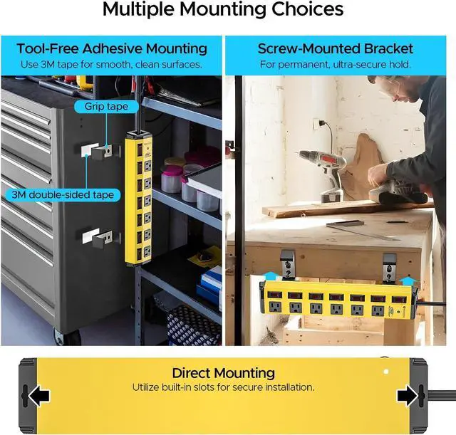 Alt view image 3 of 7 - CRST 6-Outlet Metal Power Strip with Individual Switches 15A/1875W, 6FT | 1.77" Wide Space for Bulky Plugs, 1200J Surge Protector Power Strip