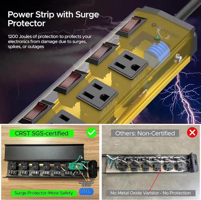 Alt view image 4 of 7 - CRST 6-Outlet Metal Power Strip with Individual Switches 15A/1875W, 6FT | 1.77" Wide Space for Bulky Plugs, 1200J Surge Protector Power Strip