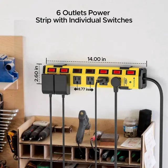 Alt view image 2 of 7 - CRST 6-Outlet Metal Power Strip with Individual Switches 15A/1875W, 6FT | 1.77" Wide Space for Bulky Plugs, 1200J Surge Protector Power Strip