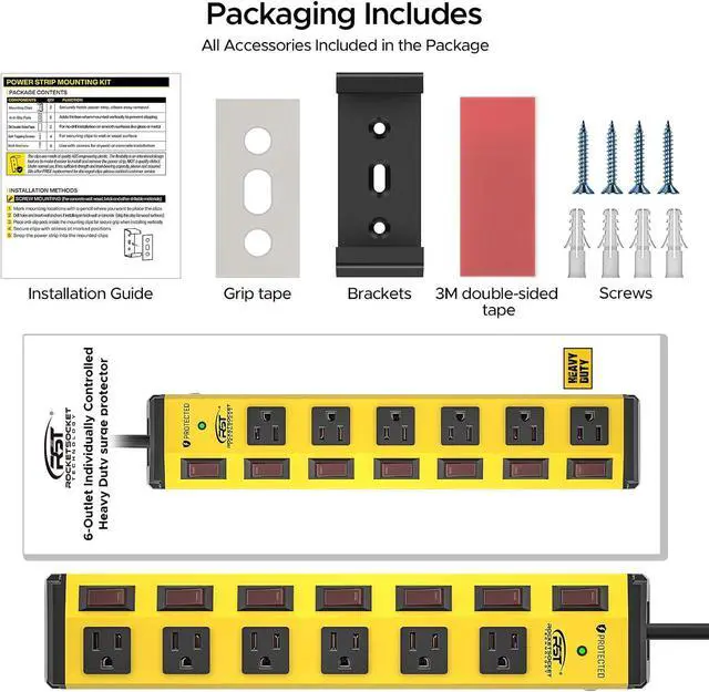 Alt view image 7 of 7 - CRST 6-Outlet Metal Power Strip with Individual Switches 15A/1875W, 6FT | 1.77" Wide Space for Bulky Plugs, 1200J Surge Protector Power Strip