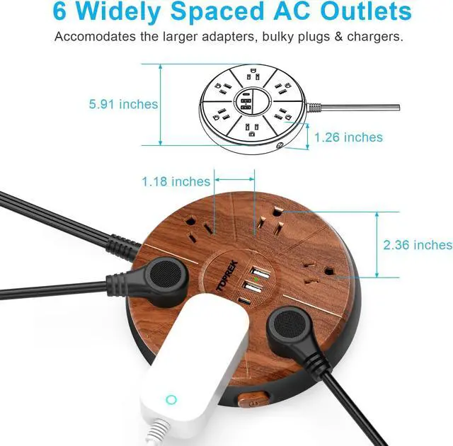 Alt view image 4 of 7 - Power Strip with USB - 6 Outlets, 1 USB-C (20W PD), 2 USB-A - Wood Finish Power Strip Surge Protector, 6.5 ft Flat Extension Cord for Home Office, Dorm Desk
