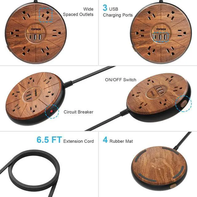 Alt view image 6 of 7 - Power Strip with USB - 6 Outlets, 1 USB-C (20W PD), 2 USB-A - Wood Finish Power Strip Surge Protector, 6.5 ft Flat Extension Cord for Home Office, Dorm Desk