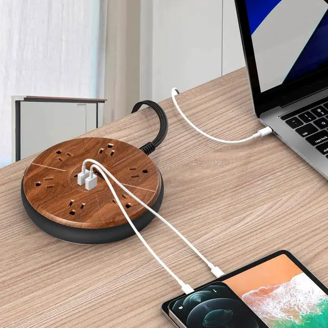 Alt view image 7 of 7 - Power Strip with USB - 6 Outlets, 1 USB-C (20W PD), 2 USB-A - Wood Finish Power Strip Surge Protector, 6.5 ft Flat Extension Cord for Home Office, Dorm Desk