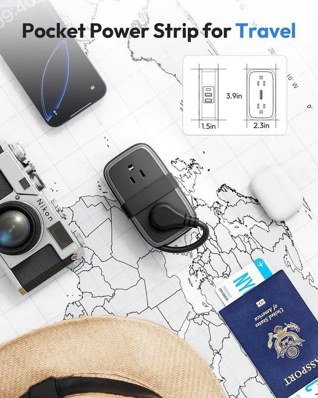 Alt view image 6 of 7 - Travel Power Strip with USB Ports, NTONPOWER 4ft Flat Plug Wrapped Around Short Extension Cord with 4 Outlets 3 USB Ports, Compact for Cruise Travel Essential Hotel Home Office, Black