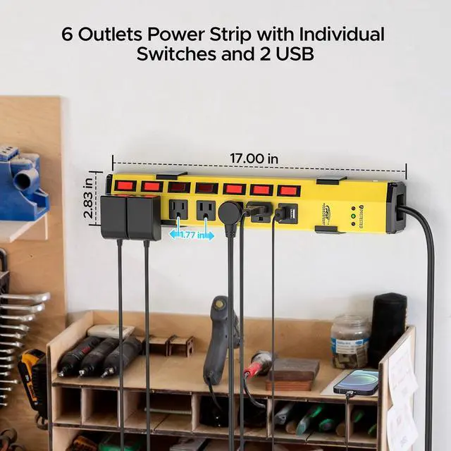 Alt view image 2 of 7 - CRST 6 Outlet Metal Power Strip with 2 USB (3.4A) & Individual Switches | 1200J Surge Protector, 15A/1875W Wall Mountable Power Strip with 6FT Cord