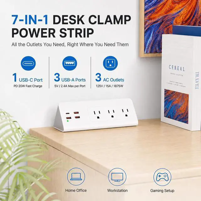 Alt view image 2 of 7 - Nightstand Power Strip with USB C, Haiaoyyds Desk Edge Mount Power Hub with 3 Outlets, 4 Fast Charging USB Ports, and 6.56FT Flat Plug Extension Cord for Desk Home Office Accessories, White