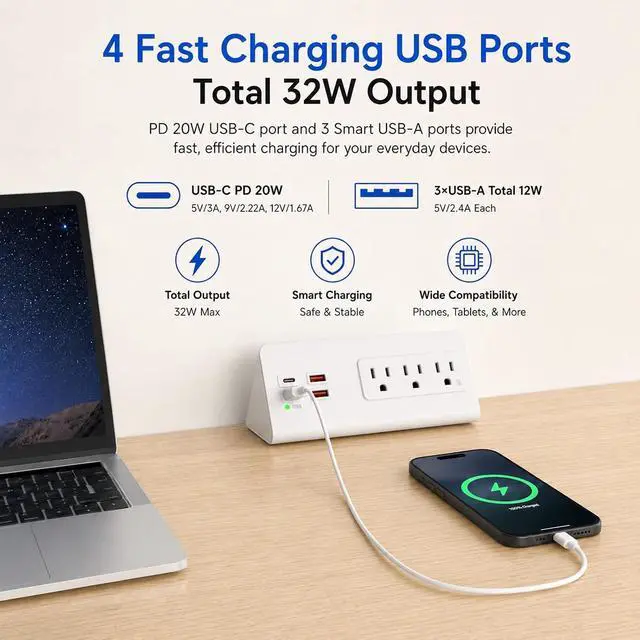 Alt view image 4 of 7 - Nightstand Power Strip with USB C, Haiaoyyds Desk Edge Mount Power Hub with 3 Outlets, 4 Fast Charging USB Ports, and 6.56FT Flat Plug Extension Cord for Desk Home Office Accessories, White