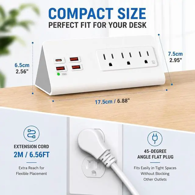 Alt view image 5 of 7 - Nightstand Power Strip with USB C, Haiaoyyds Desk Edge Mount Power Hub with 3 Outlets, 4 Fast Charging USB Ports, and 6.56FT Flat Plug Extension Cord for Desk Home Office Accessories, White