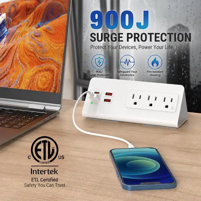 Alt view image 6 of 7 - Nightstand Power Strip with USB C, Haiaoyyds Desk Edge Mount Power Hub with 3 Outlets, 4 Fast Charging USB Ports, and 6.56FT Flat Plug Extension Cord for Desk Home Office Accessories, White