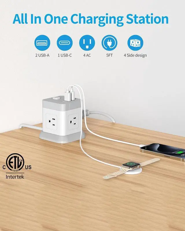 Alt view image 2 of 6 - FDTEK 2 Prong Power Strip USB C, 4 Outlets 3 USB 5 FT Extension Cord White | 2 Prong Desktop Charging Station Non Grounded Flat Plug Compact Size Ideal for Travel Hotel & Home Use ETL Listed