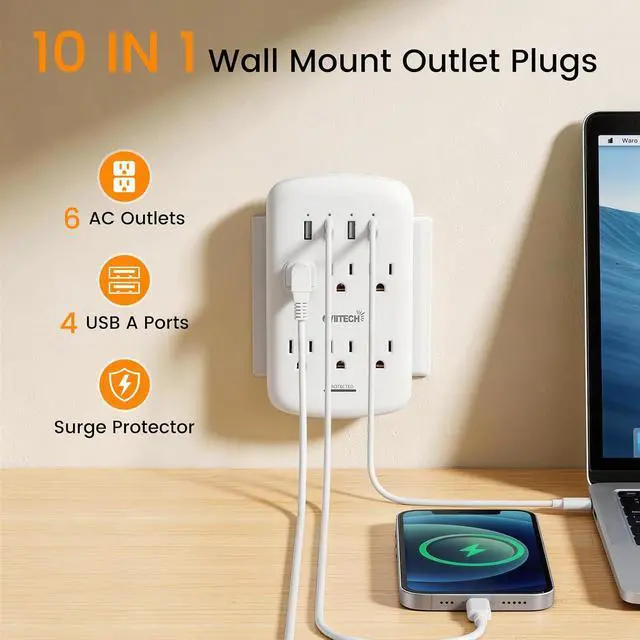 Alt view image 2 of 6 - oviitech 6 Outlet Extender with 4 USB Charging Ports(4.2A Total),Wall Mount Outlet Plugs 900 Joules Wall Surge Protector and Top Phone Holder,ETL Listed,White.