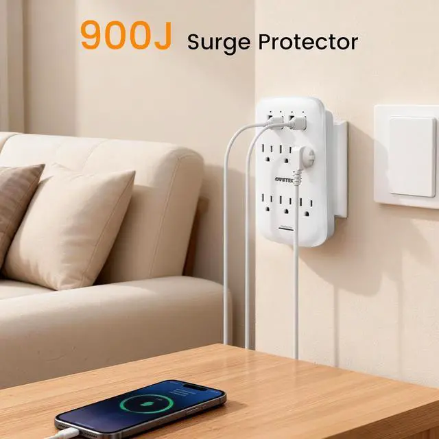 Alt view image 4 of 6 - oviitech 6 Outlet Extender with 4 USB Charging Ports(4.2A Total),Wall Mount Outlet Plugs 900 Joules Wall Surge Protector and Top Phone Holder,ETL Listed,White.