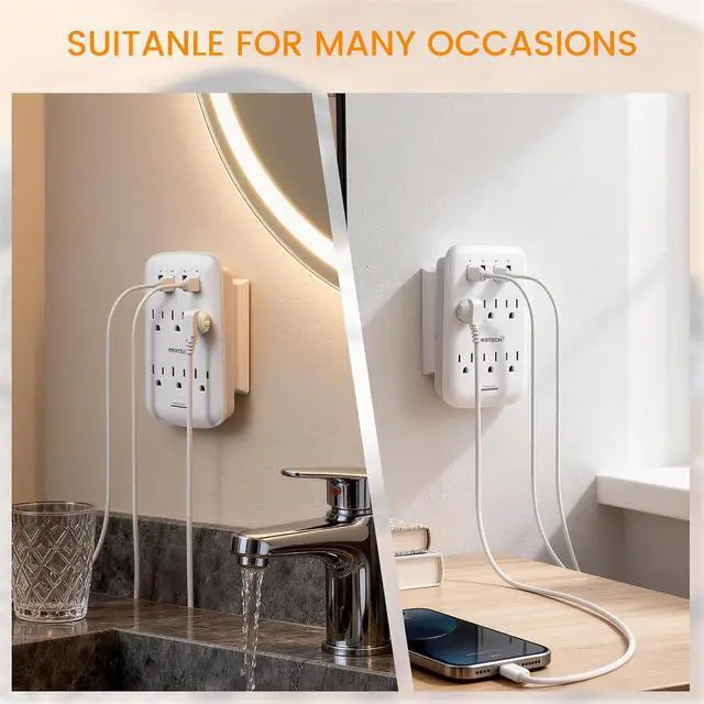 Alt view image 5 of 6 - oviitech 6 Outlet Extender with 4 USB Charging Ports(4.2A Total),Wall Mount Outlet Plugs 900 Joules Wall Surge Protector and Top Phone Holder,ETL Listed,White.