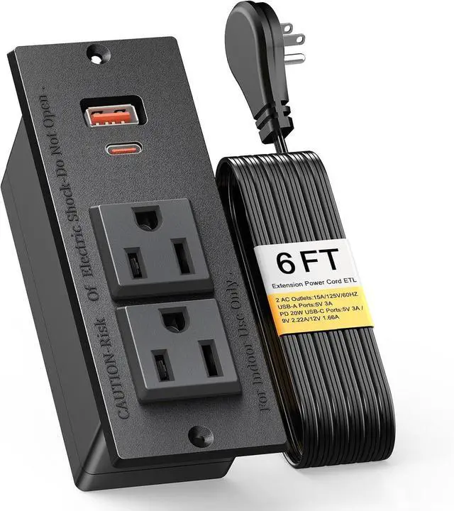 Main image of Recessed Power Strip, Flat Plug Furniture Table Outlets with USB C 20W and 1 USB A Port for Multiple Devices, 6ft Extension Cord, 20W Power Delivery Charging for Home, Office, Dorm Essential