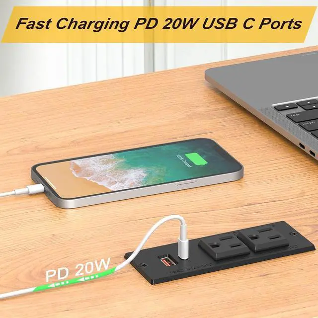 Alt view image 2 of 7 - Recessed Power Strip, Flat Plug Furniture Table Outlets with USB C 20W and 1 USB A Port for Multiple Devices, 6ft Extension Cord, 20W Power Delivery Charging for Home, Office, Dorm Essential
