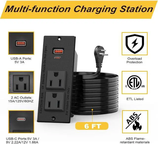 Alt view image 4 of 7 - Recessed Power Strip, Flat Plug Furniture Table Outlets with USB C 20W and 1 USB A Port for Multiple Devices, 6ft Extension Cord, 20W Power Delivery Charging for Home, Office, Dorm Essential