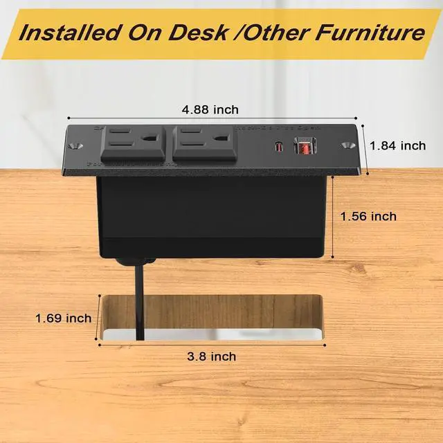 Alt view image 7 of 7 - Recessed Power Strip, Flat Plug Furniture Table Outlets with USB C 20W and 1 USB A Port for Multiple Devices, 6ft Extension Cord, 20W Power Delivery Charging for Home, Office, Dorm Essential