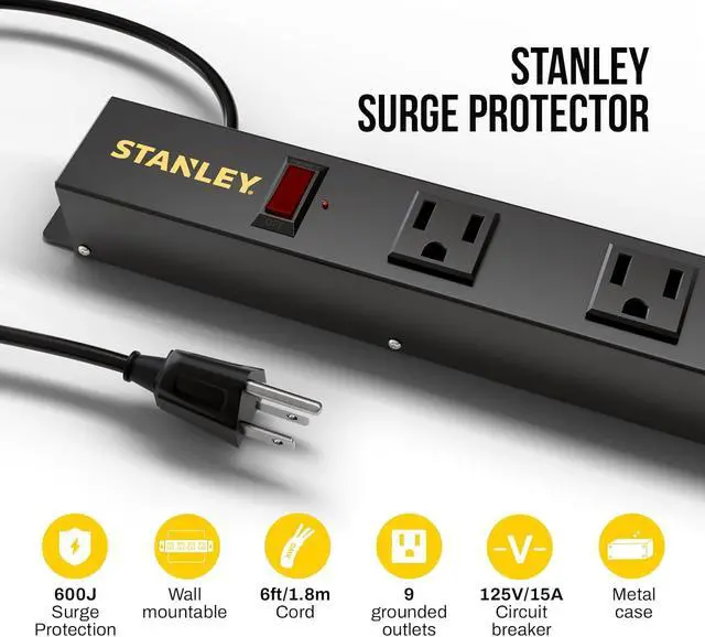 Alt view image 2 of 6 - STANLEY SurgeMax Pro Metal Surge Protector Power Strip with 9 Outlets 600J Surge Protection 6 Ft Power Cord Durable Metal Housing Black