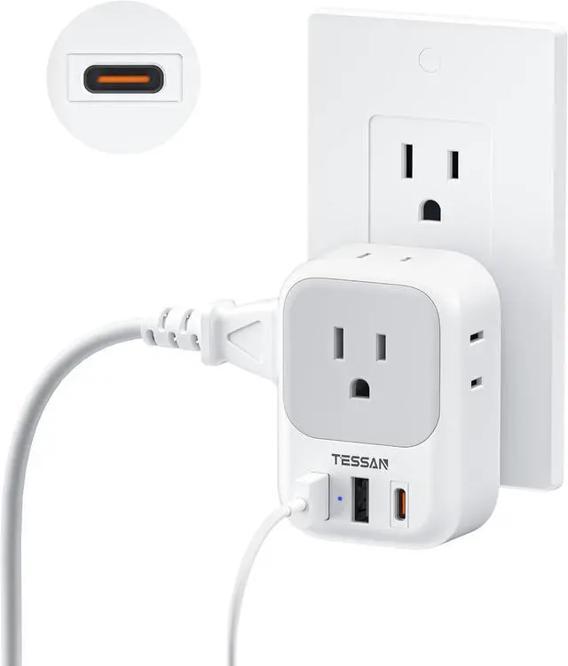 Main image of TESSAN USB C Charger Block 20W PD, Fast Charging Adapter Wall Plug | Power Outlet Extender(4 AC and 3 USB) for Cruise, Home, Office, Dorm Room Essentials, Grey
