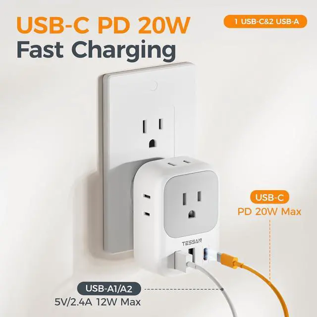 Alt view image 2 of 7 - TESSAN USB C Charger Block 20W PD, Fast Charging Adapter Wall Plug | Power Outlet Extender(4 AC and 3 USB) for Cruise, Home, Office, Dorm Room Essentials, Grey