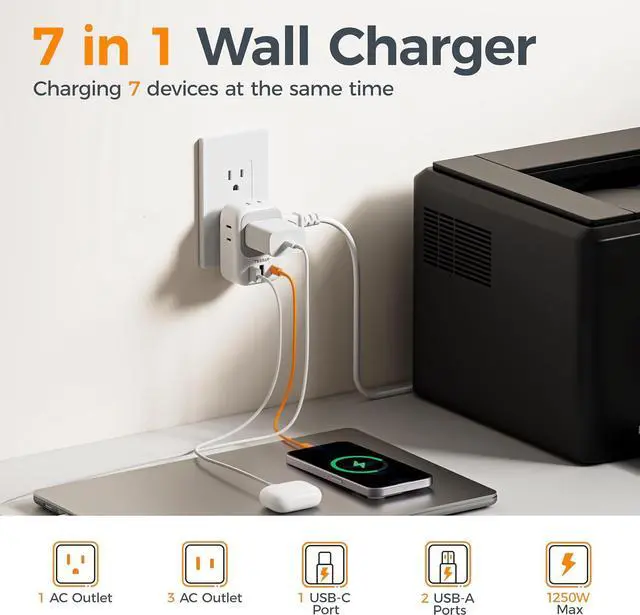 Alt view image 3 of 7 - TESSAN USB C Charger Block 20W PD, Fast Charging Adapter Wall Plug | Power Outlet Extender(4 AC and 3 USB) for Cruise, Home, Office, Dorm Room Essentials, Grey