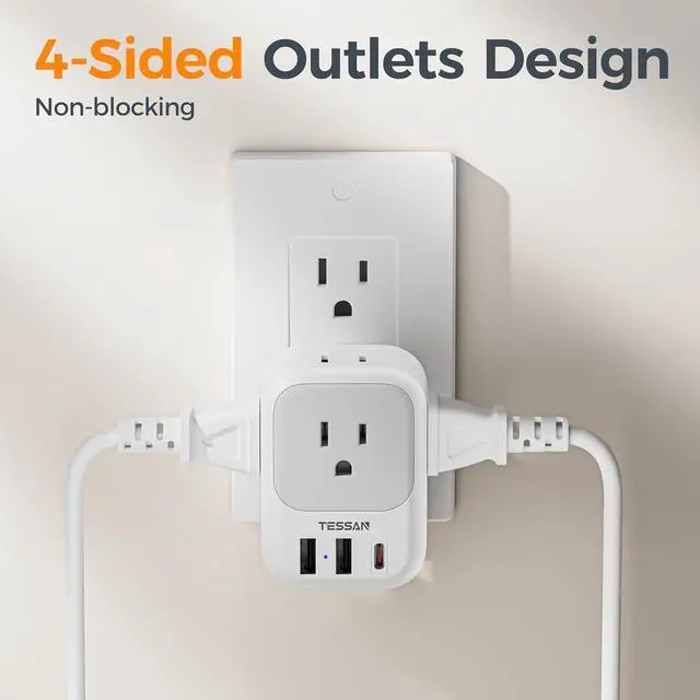 Alt view image 4 of 7 - TESSAN USB C Charger Block 20W PD, Fast Charging Adapter Wall Plug | Power Outlet Extender(4 AC and 3 USB) for Cruise, Home, Office, Dorm Room Essentials, Grey