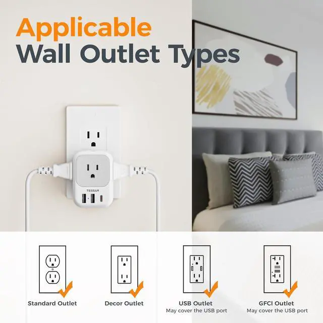 Alt view image 5 of 7 - TESSAN USB C Charger Block 20W PD, Fast Charging Adapter Wall Plug | Power Outlet Extender(4 AC and 3 USB) for Cruise, Home, Office, Dorm Room Essentials, Grey