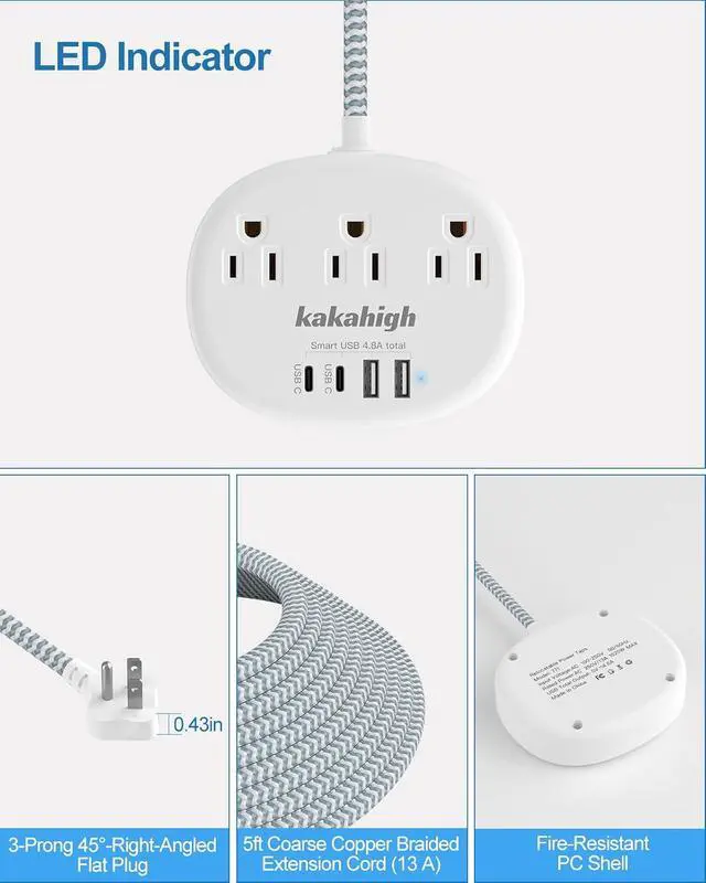 Alt view image 3 of 7 - White Extension Cord - Braided Extension Cord 10 Feet | 13 Amp (1625W) Power Strip with 3 AC Outlet 4 USB (24W/4.8A), College Dorm Room Essentials, White