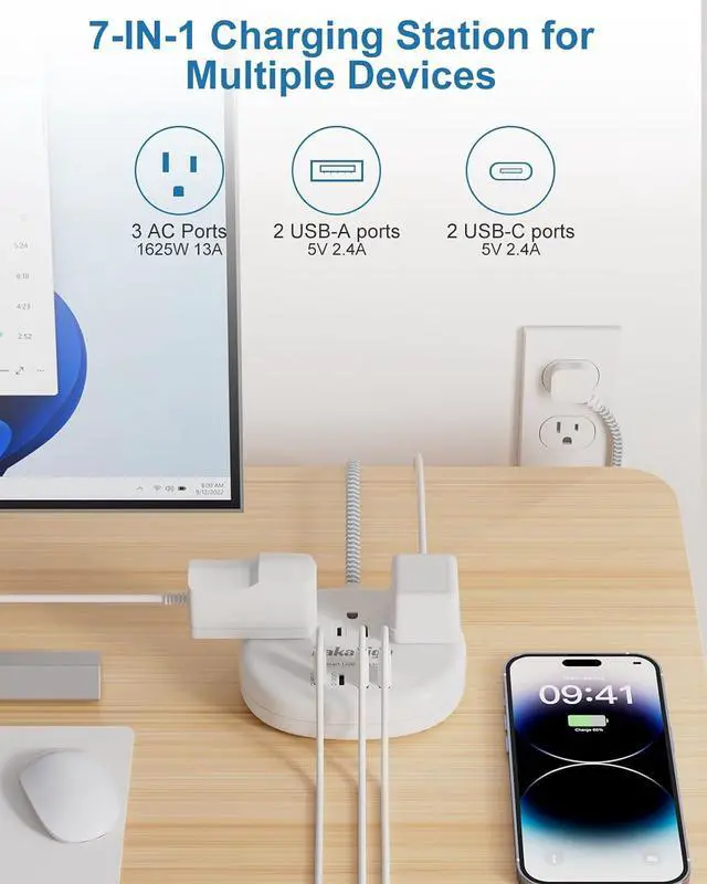 Alt view image 5 of 7 - White Extension Cord - Braided Extension Cord 10 Feet | 13 Amp (1625W) Power Strip with 3 AC Outlet 4 USB (24W/4.8A), College Dorm Room Essentials, White
