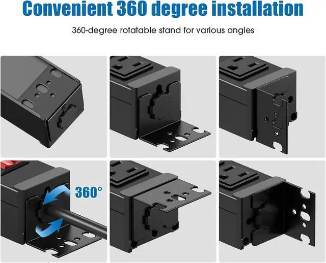 Alt view image 2 of 7 - HHSOET Rotating 12 Outlet Surge Protector Power Strip, 1200J, 6FT, Black, 1 | Metal Heavy Duty and Versatile Outlet Strip, Mountable Power Strip Suitable for Households Offices Industries