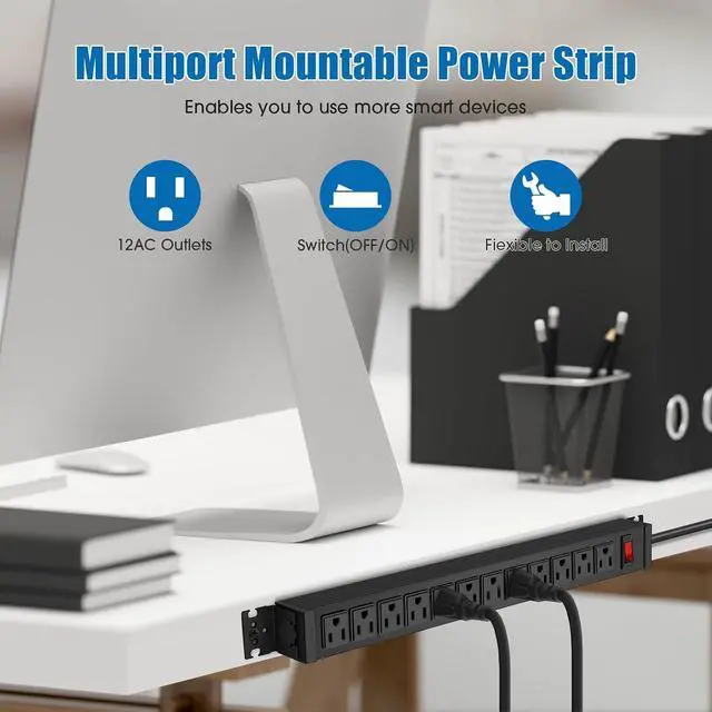 Alt view image 3 of 7 - HHSOET Rotating 12 Outlet Surge Protector Power Strip, 1200J, 6FT, Black, 1 | Metal Heavy Duty and Versatile Outlet Strip, Mountable Power Strip Suitable for Households Offices Industries